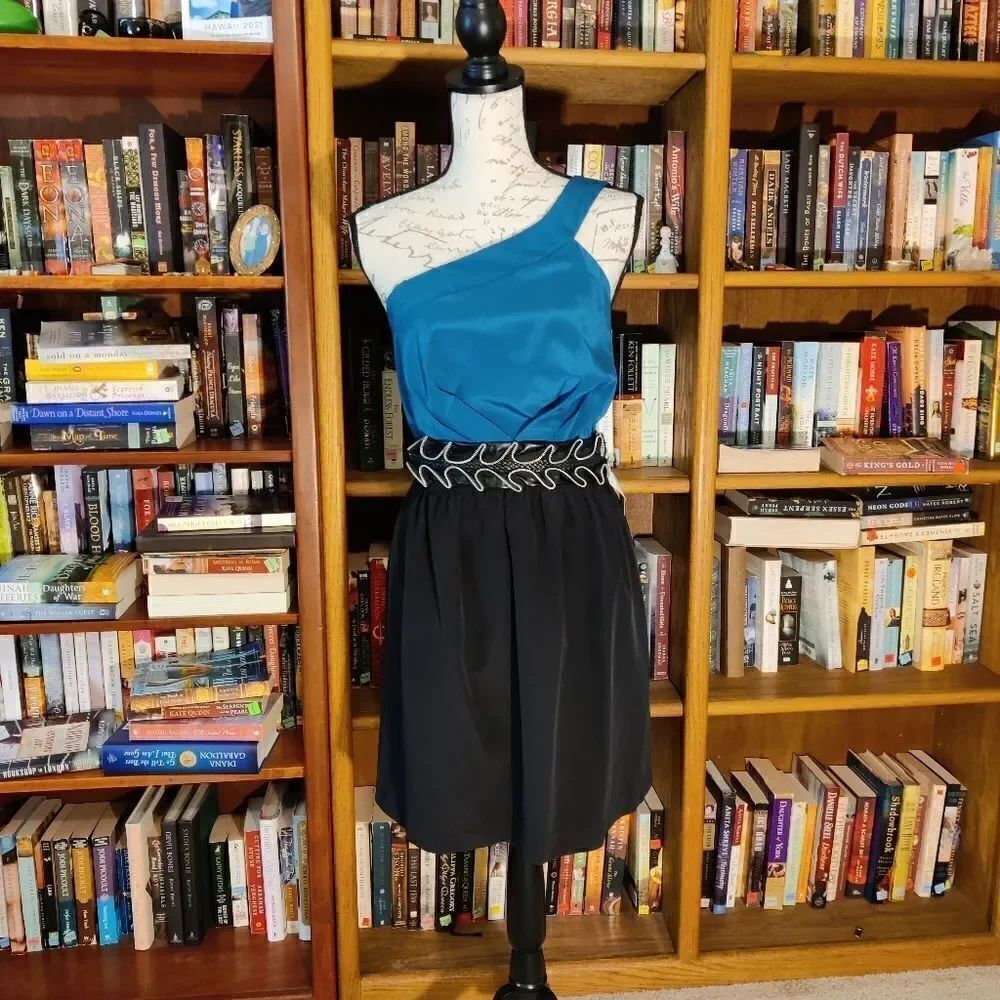 SINGLE by Galina sobolev teal black one shoulder belted silk cocktail dress nwt